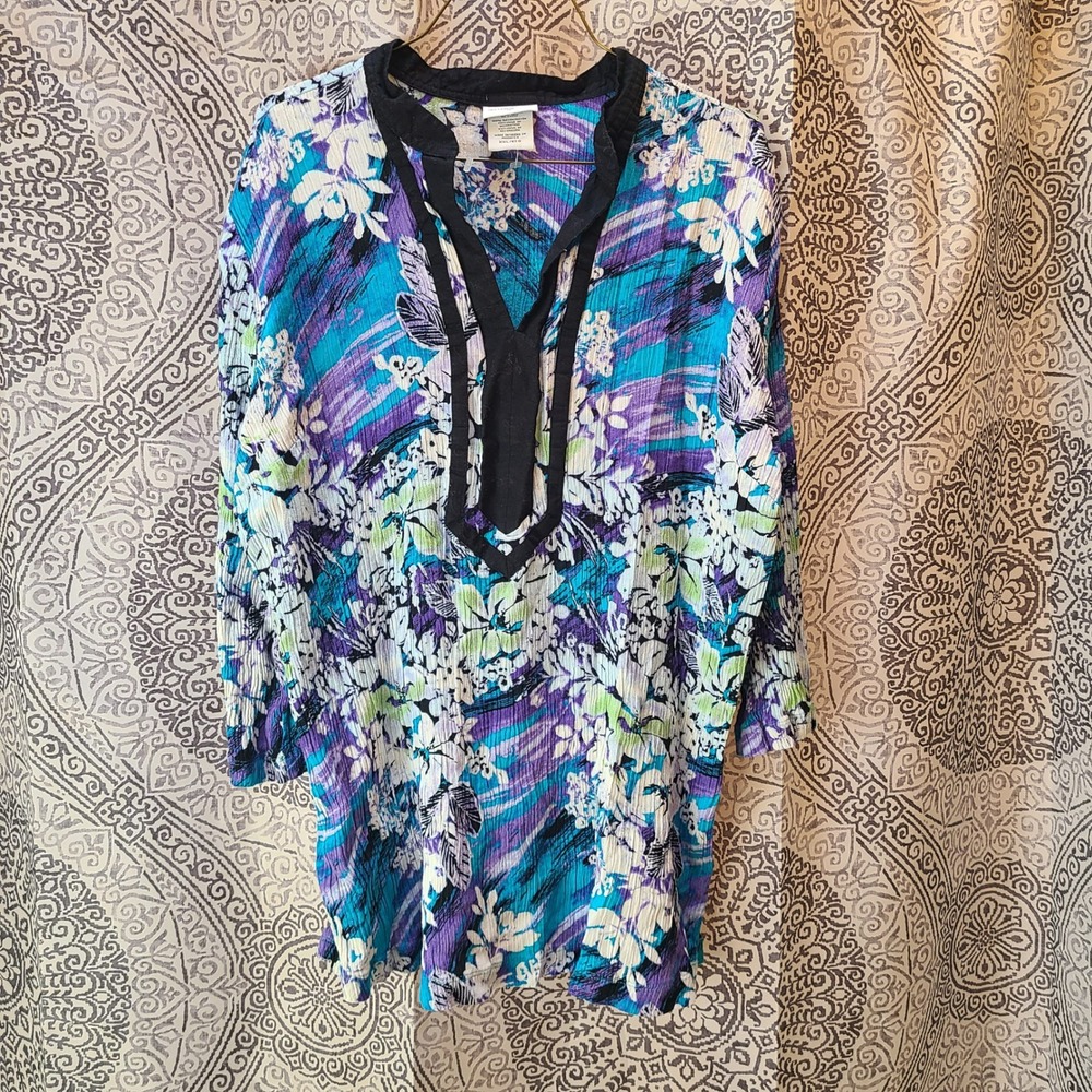 Jaclyn Smith Tunic Top Womens XXL Teal Purple Floral Tropical Rayon 3/4 Sleeve
